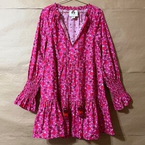 Figue | Bella Dress Tiered Popover Mini Dress Smocked Sleeve Pink Floral Size S